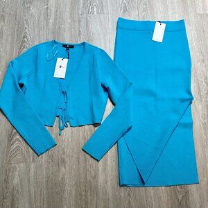 7 For All Mankind Teal Rib Knit Preppy Old Money Midi Column Pencil Skirt Set S